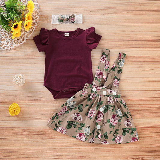 Solid Bodysuit And Floral Strap Skirt And Headband Set, zoerea.com
