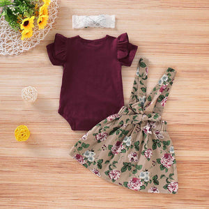 Solid Bodysuit And Floral Strap Skirt And Headband Set, zoerea.com