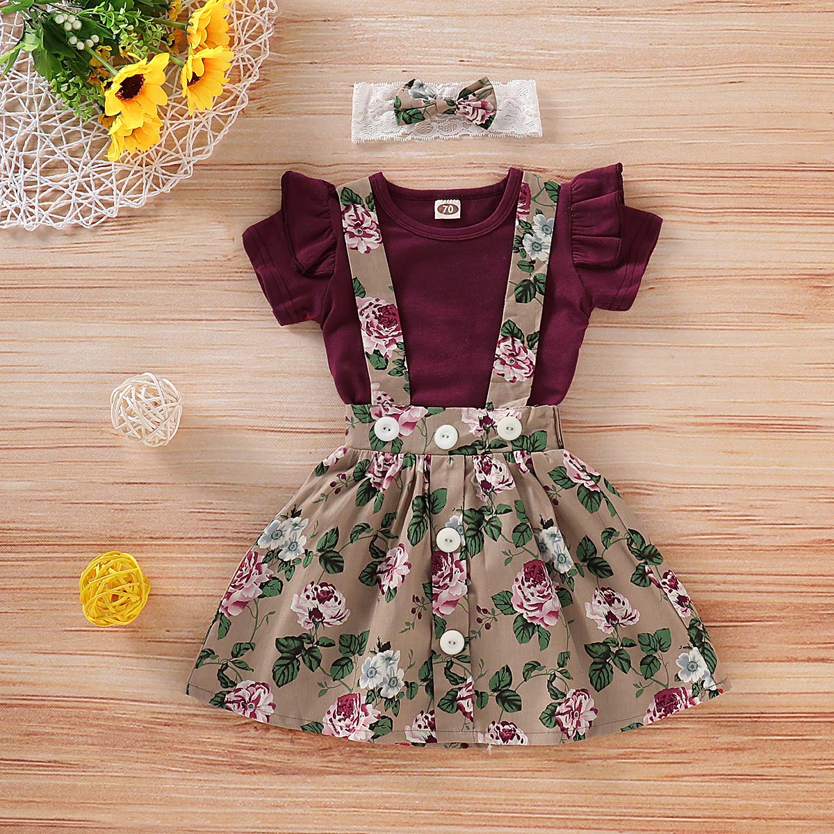 Solid Bodysuit And Floral Strap Skirt And Headband Set, zoerea.com