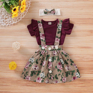 Solid Bodysuit And Floral Strap Skirt And Headband Set, zoerea.com
