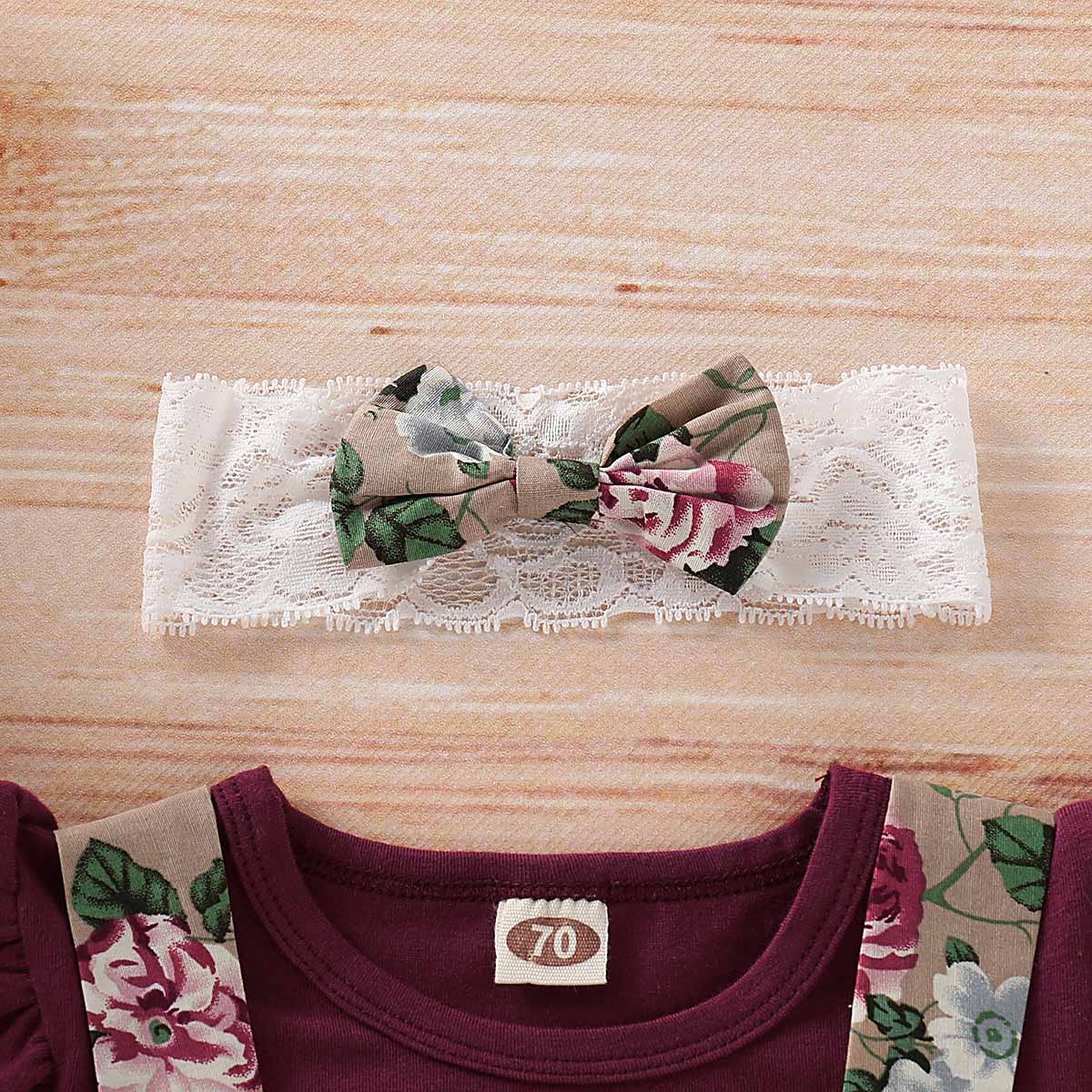 Solid Bodysuit And Floral Strap Skirt And Headband Set, zoerea.com