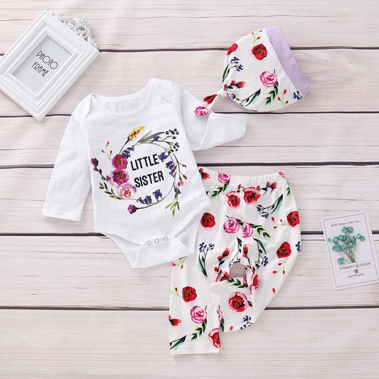 Letter Bodysuit Rose Print Pants And Hat Set, zoerea.com