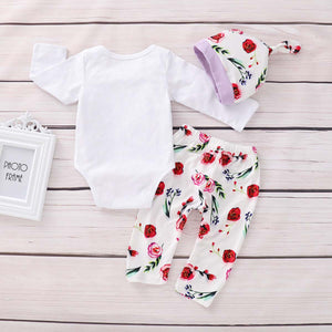 Letter Bodysuit Rose Print Pants And Hat Set, zoerea.com