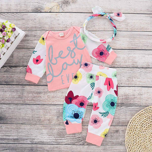 3-piece Long-sleeve Top, Floral Pants And Headband Set, zoerea.com