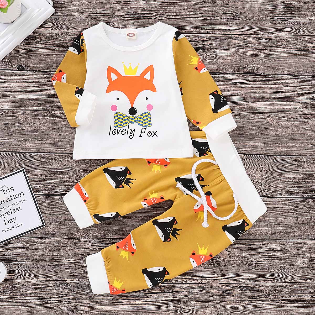 2-piece Lovely Fox Print Top And Fox Pattern Pants Set, zoerea.com