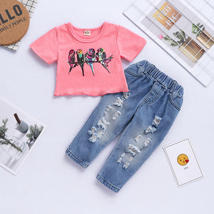 Baby Girls' Active / Basic Print Short Sleeve Ripped Jeans Clothing Set, zoerea.com