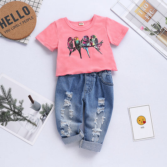 Baby Girls' Active / Basic Print Short Sleeve Ripped Jeans Clothing Set, zoerea.com