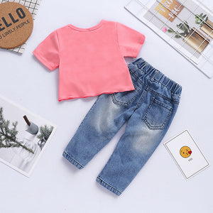 Baby Girls' Active / Basic Print Short Sleeve Ripped Jeans Clothing Set, zoerea.com