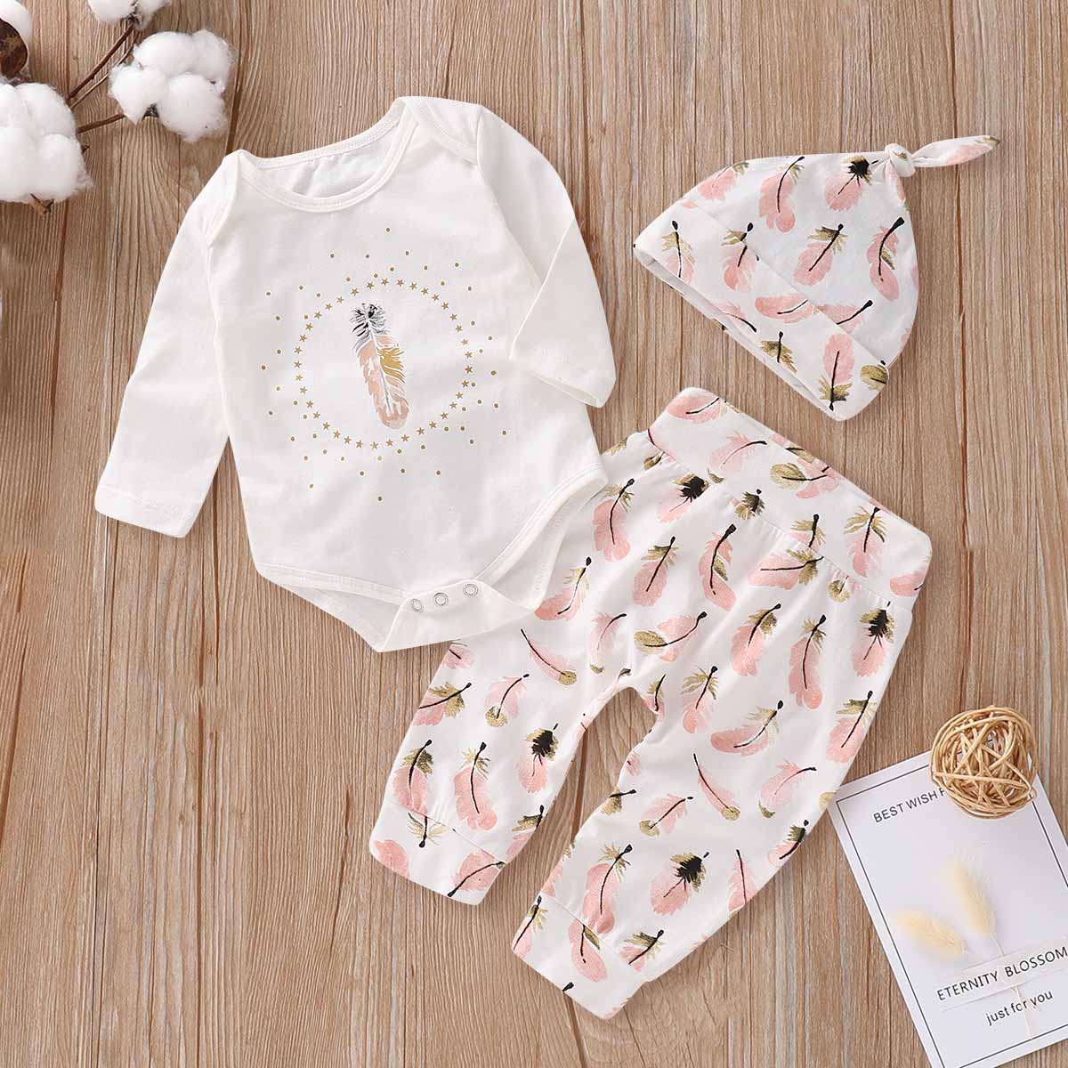 Pretty Feather Printed Romper, Pants And Hat Set, zoerea.com