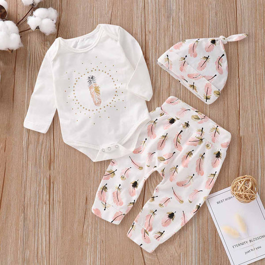 Pretty Feather Printed Romper, Pants And Hat Set, zoerea.com