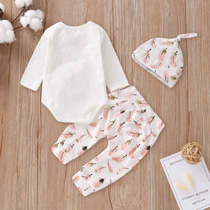 Pretty Feather Printed Romper, Pants And Hat Set, zoerea.com