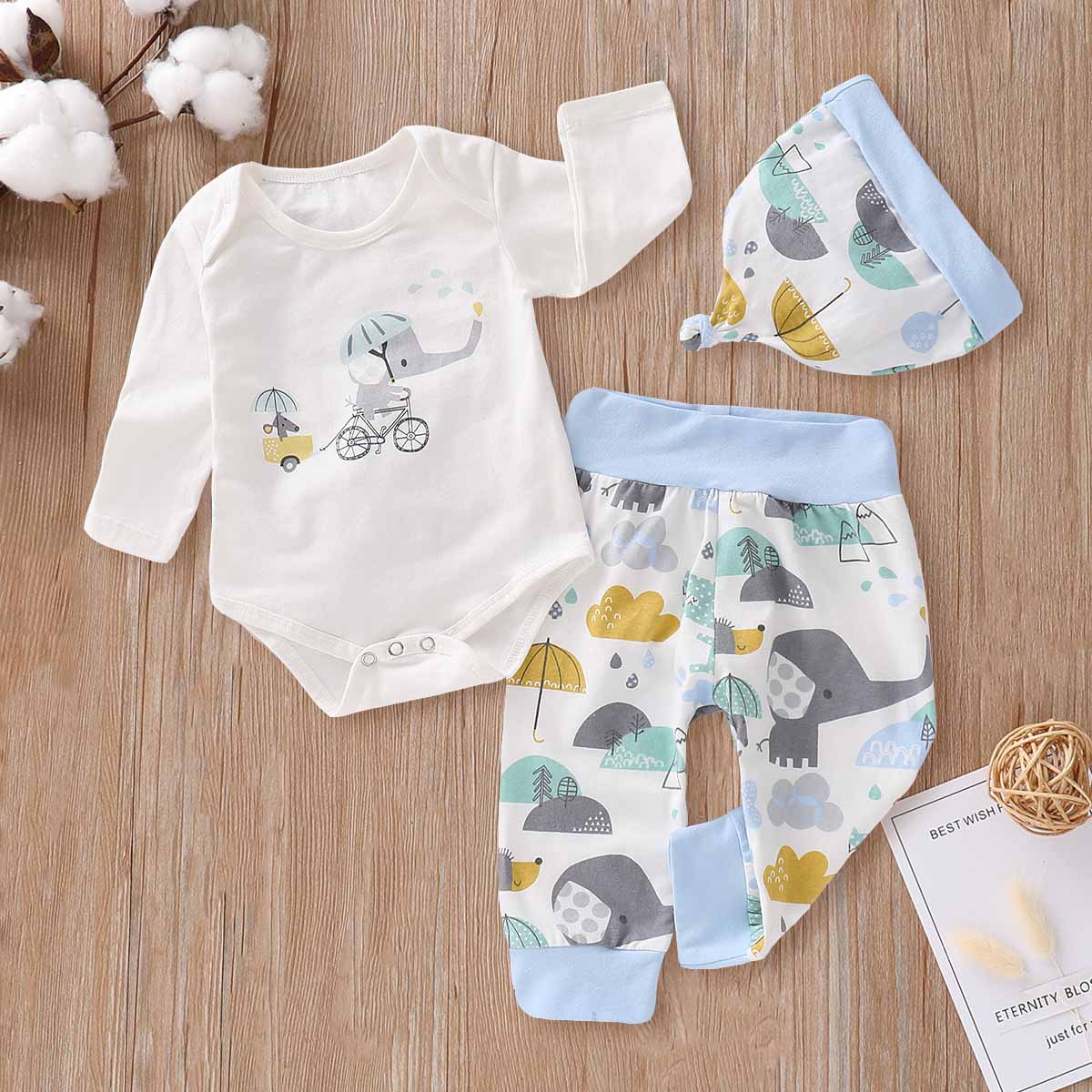 3-piece Cute Elephant Print Bodysuit, Animal Patterned Pants and Hat Set, zoerea.com