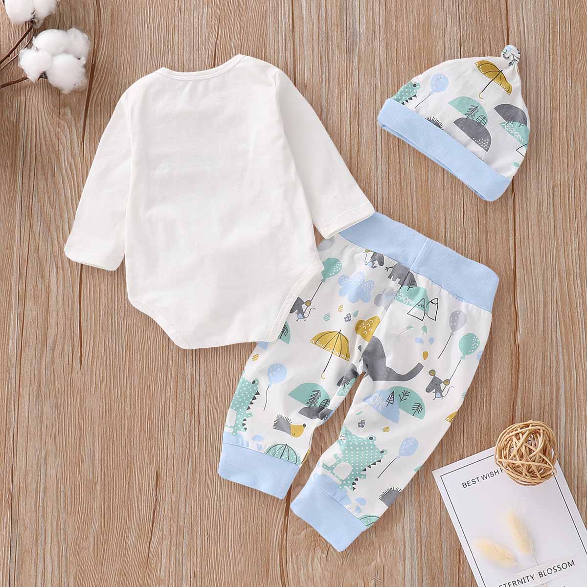 3-piece Cute Elephant Print Bodysuit, Animal Patterned Pants and Hat Set, zoerea.com