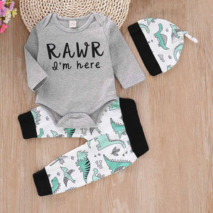 Letter Print Bodysuit, Dinosaur Patterned Pants And Hat Set, zoerea.com