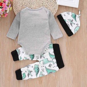 Letter Print Bodysuit, Dinosaur Patterned Pants And Hat Set, zoerea.com