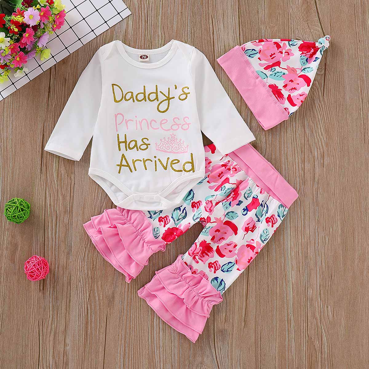3-piece Letter Print Bodysuit with Floral Ruffled Pants and Headband, zoerea.com