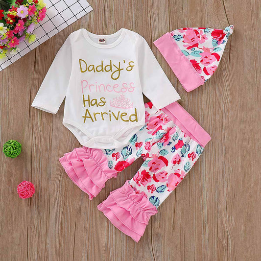 3-piece Letter Print Bodysuit with Floral Ruffled Pants and Headband, zoerea.com