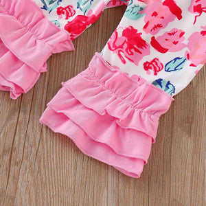 3-piece Letter Print Bodysuit with Floral Ruffled Pants and Headband, zoerea.com