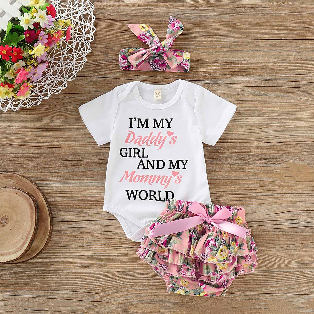 Letter Bodysuit, Flower Bow Headband and Printed Shorts, zoerea.com