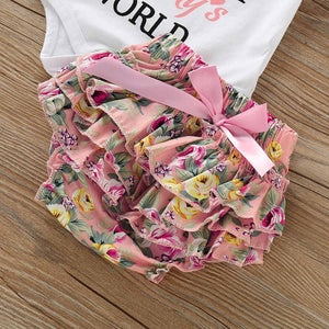 Letter Bodysuit, Flower Bow Headband and Printed Shorts, zoerea.com