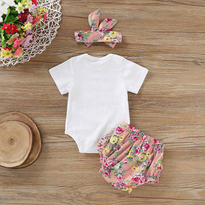 Letter Bodysuit, Flower Bow Headband and Printed Shorts, zoerea.com