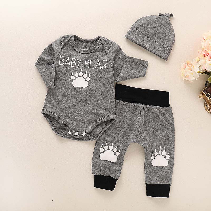 Cute Bear Paw Print Bodysuit, Pants And Hat Set 3 piece, zoerea.com