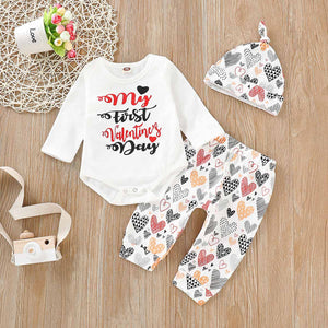 "My First Valetine's Day" Bodysuit And Heart Print Pants Set, zoerea.com