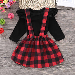 Beautiful Solid Long-sleeve Top and Plaid Strap Skirt Set, zoerea.com