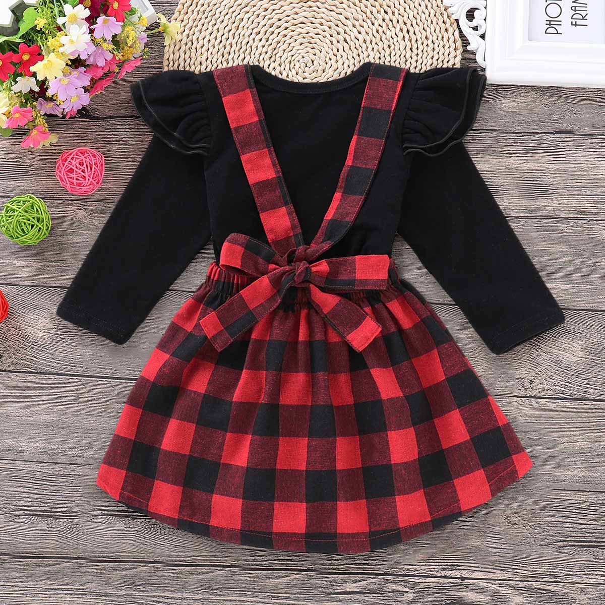 Beautiful Solid Long-sleeve Top and Plaid Strap Skirt Set, zoerea.com