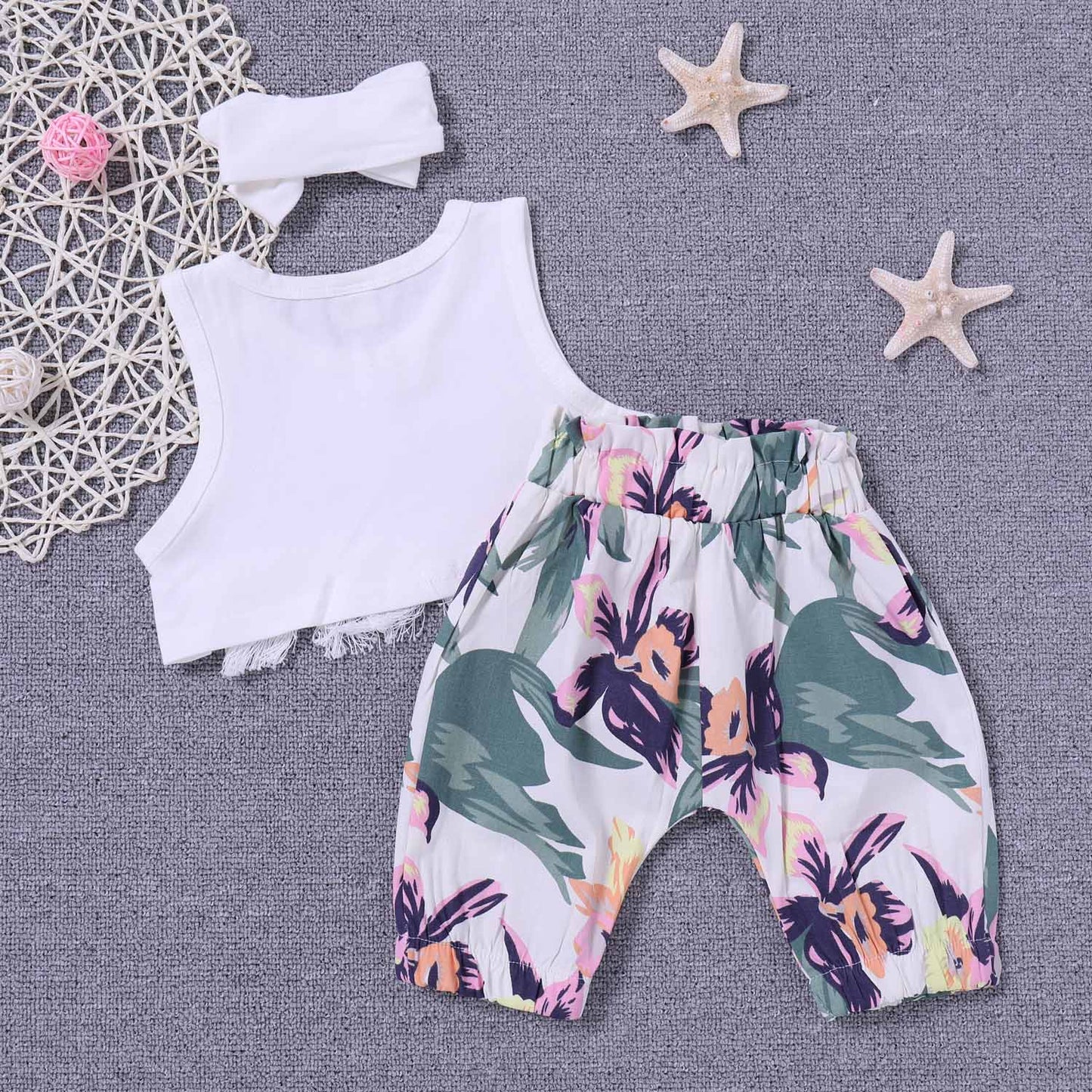 Fringe Decor Tank, Floral Pants And Headband Set, zoerea.com
