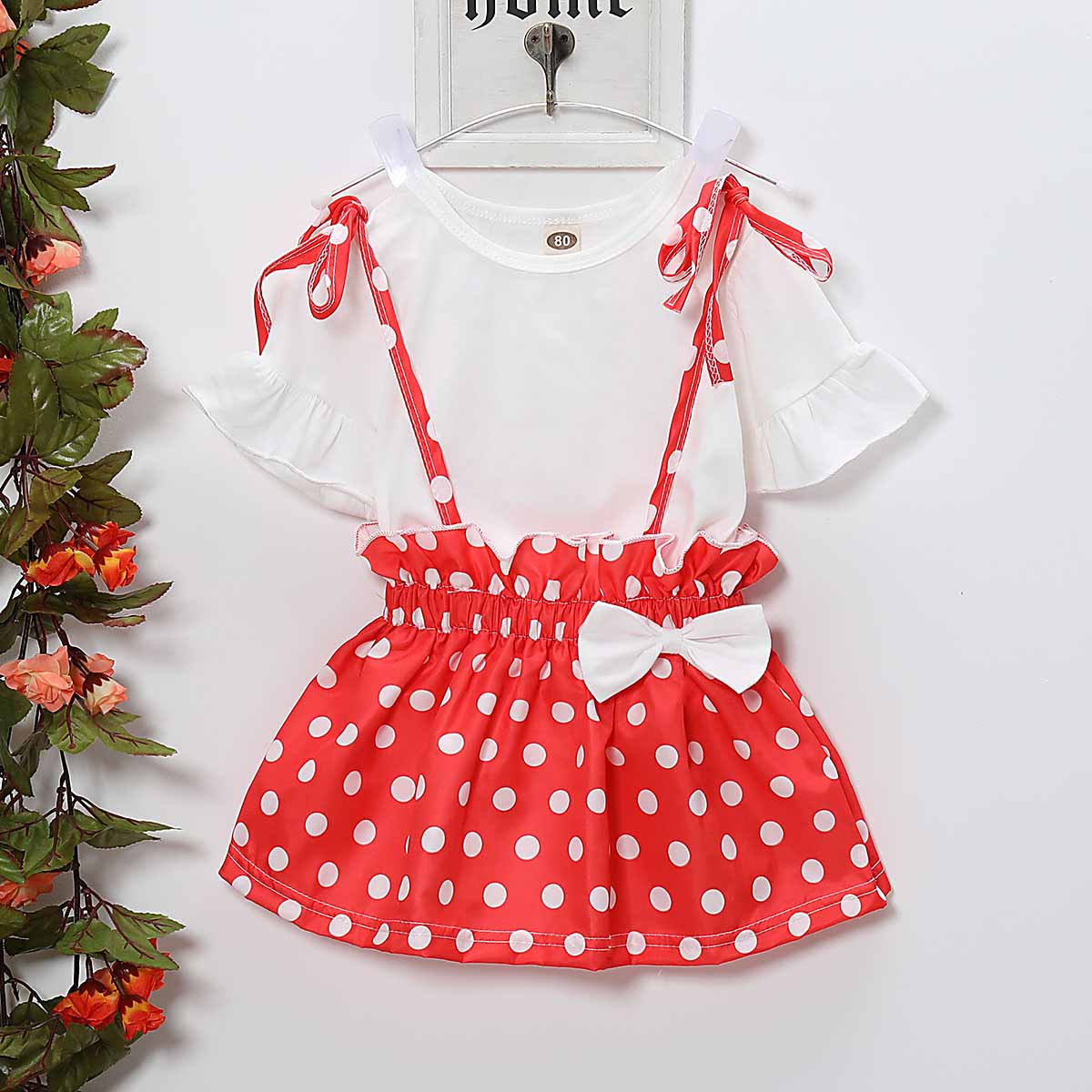Solid Top And Polka Dots Bowknot Srap Skirt Set, zoerea.com