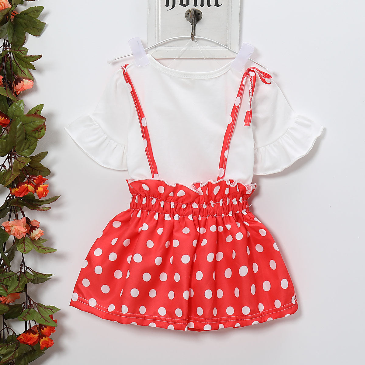 Solid Top And Polka Dots Bowknot Srap Skirt Set, zoerea.com
