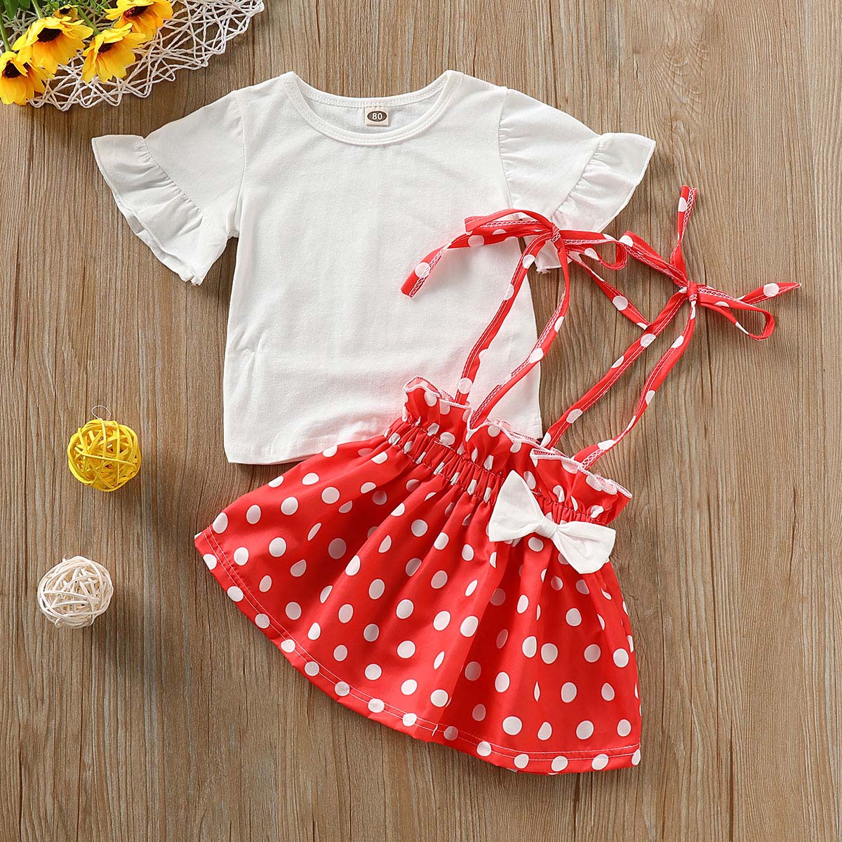 Solid Top And Polka Dots Bowknot Srap Skirt Set, zoerea.com