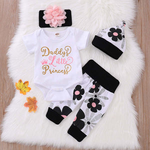 Beautiful Letter Printed Bodysuit, Floral Pants, Hat And Headband Set, zoerea.com