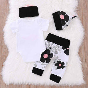 Beautiful Letter Printed Bodysuit, Floral Pants, Hat And Headband Set, zoerea.com