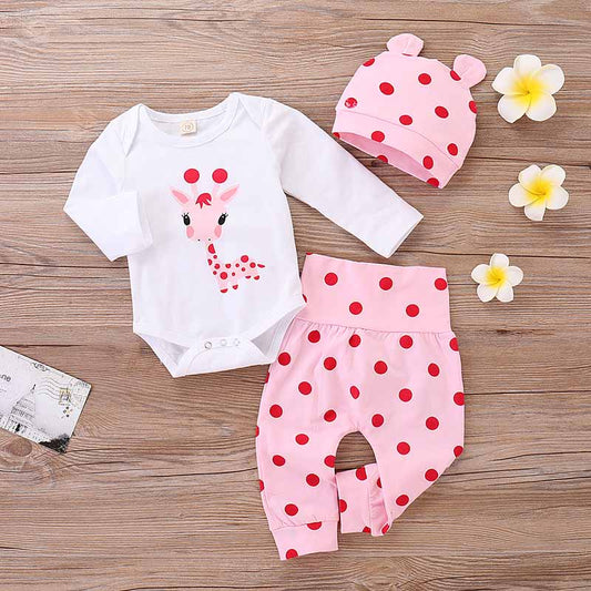 Cute Giraffe Print Romper, Polka Dot Pants and Hat Set, zoerea.com
