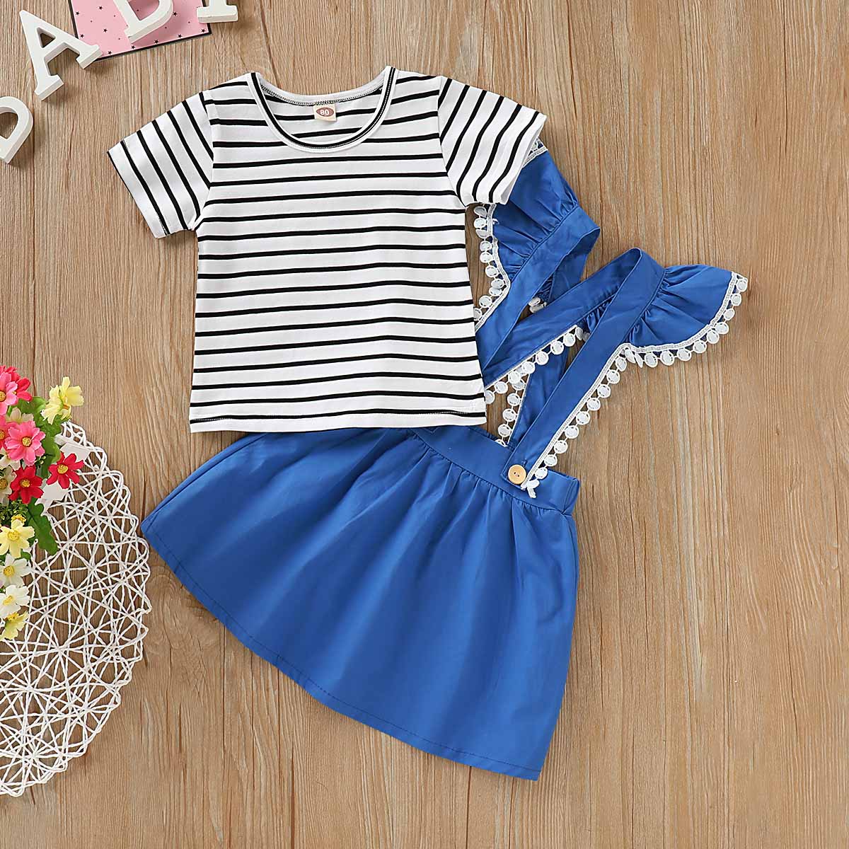 Striped Short-sleeve Tee And Stap Skirt Set, zoerea.com