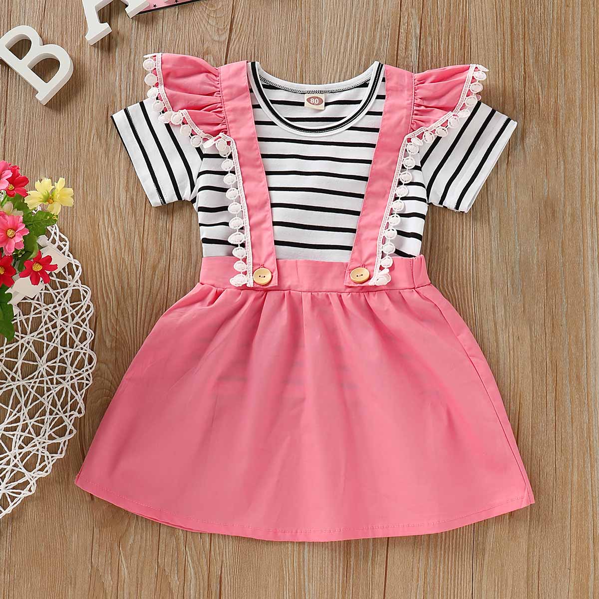 Striped Short-sleeve Tee And Stap Skirt Set, zoerea.com