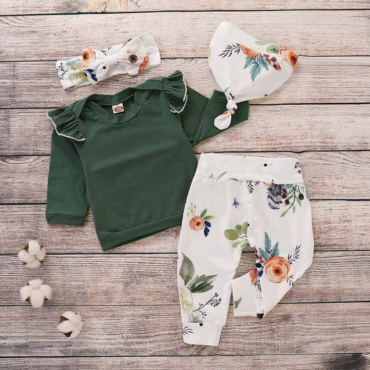 4-piece Solid Ruffle Top, Floral Pants, Hat And Headband Set, zoerea.com