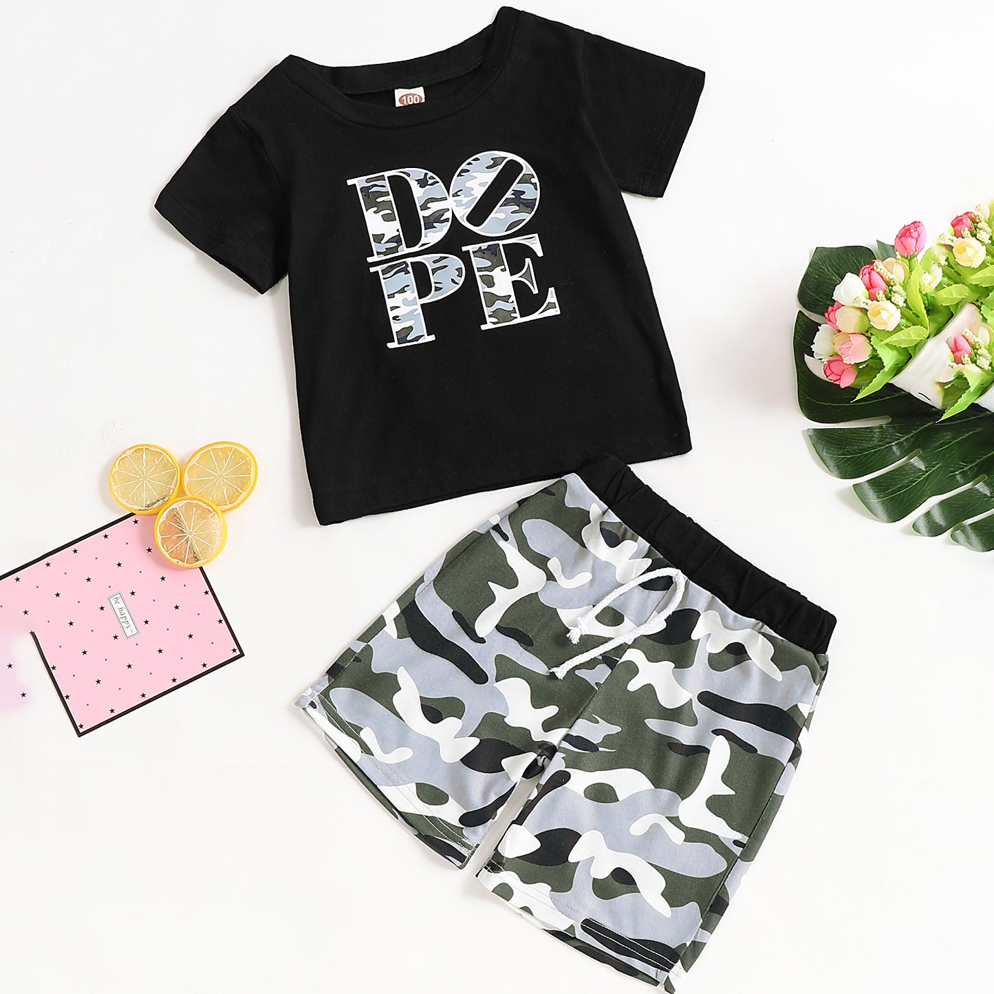 2-piece Trendy Letter Print T-shirt And Strappy Camouflage Shorts, zoerea.com