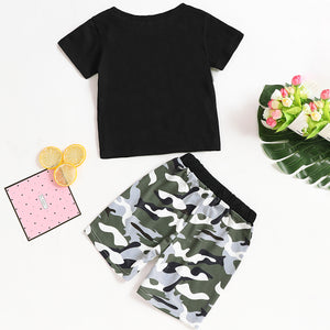 2-piece Trendy Letter Print T-shirt And Strappy Camouflage Shorts, zoerea.com