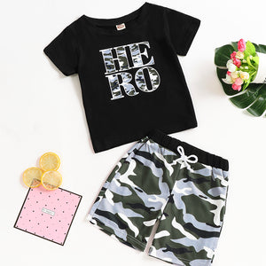 2-piece Trendy Letter Print T-shirt And Strappy Camouflage Shorts, zoerea.com