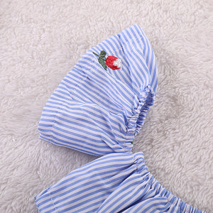 Striped Ruffle Sleeve Top And Waist Tie Shorts Set, zoerea.com