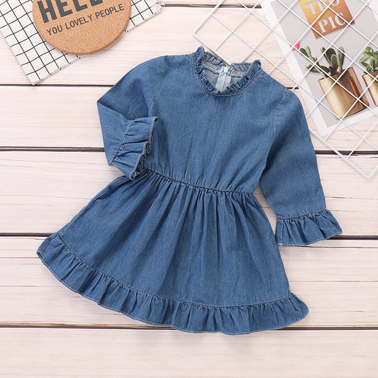 Baby Girls' Basic Solid Colored Long Sleeve Cotton Denim Dress, zoerea.com