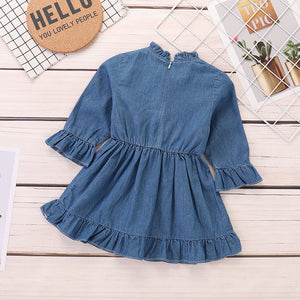 Baby Girls' Basic Solid Colored Long Sleeve Cotton Denim Dress, zoerea.com