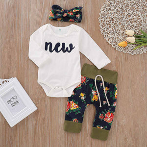 Casual Letter Print Bodysuit, Floral Pants And Headband Set, zoerea.com