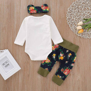 Casual Letter Print Bodysuit, Floral Pants And Headband Set, zoerea.com