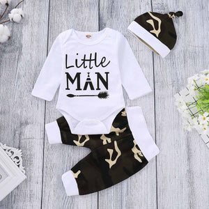 3-piece "Little Man" Print Bodysuit, Camou Pants And Hat Set, zoerea.com