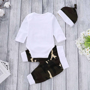 3-piece "Little Man" Print Bodysuit, Camou Pants And Hat Set, zoerea.com