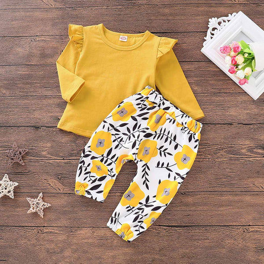 Beautiful Ruffled Solid Pullover and Floral Print Pants Set, zoerea.com